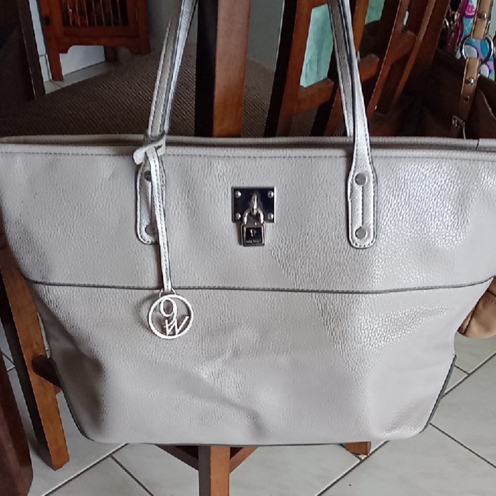 Nine West Stylish Gray Leather Tote with Silver Hardware